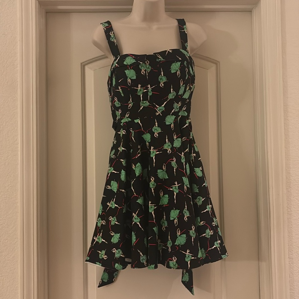 Lxia Ballerina Print Pinup Tie-Back‎ Dress Black & Green Retro